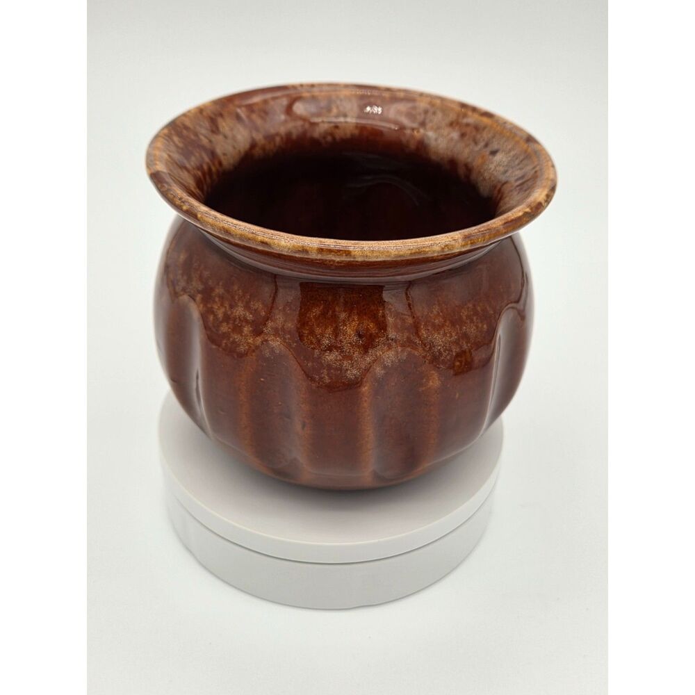 Vintage Brown Glazed Ceramic Fluted Planter Cachepot Ribbed Round Bowl USA